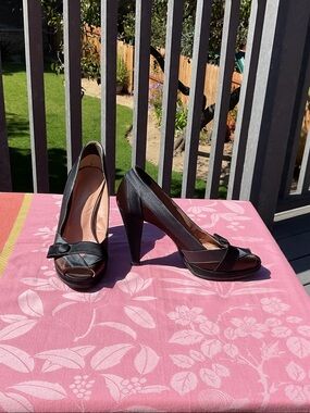 Nanette Lepore Black Peep-Toe High Heels with Bow Accent